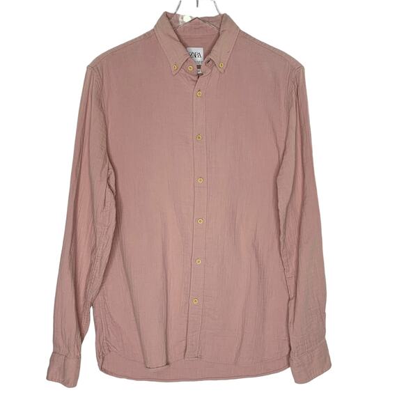 Zara M Mens Relaxed Fit Dusted Rose Button Down Shirt Textured Crinkle - Picture 1 of 7